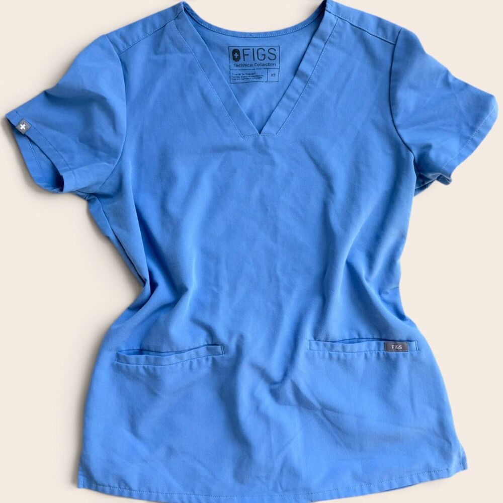FIGS Technical Collection Scrub Top XS Blue V Neck Medical Nurse Pockets